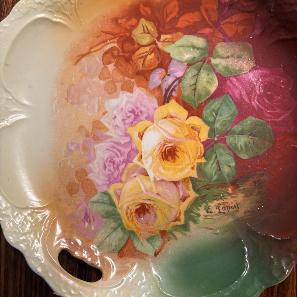 Hand-Painted Floral Decorative Plate with Yellow Roses